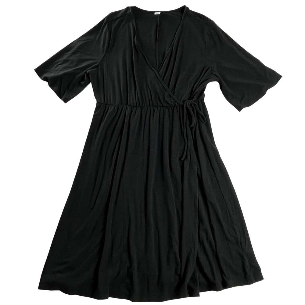 Old Navy Faux Wrap Midi Dress 1X Plus Black Stretch Rayon Flutter Sleeve